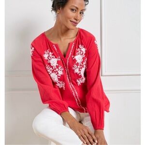 Talbots Women's Petite Medium Crinkle Gauze Embroidered Popover Blouse in Red